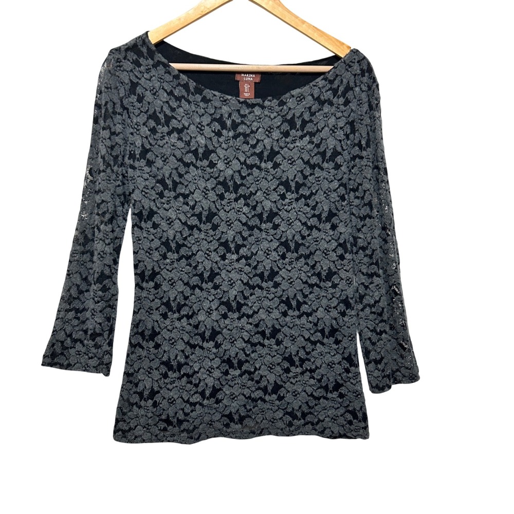 Marina Luna Womens Burnout Velvet Top L Black Gray Floral Italy Made Whimsigoth‎